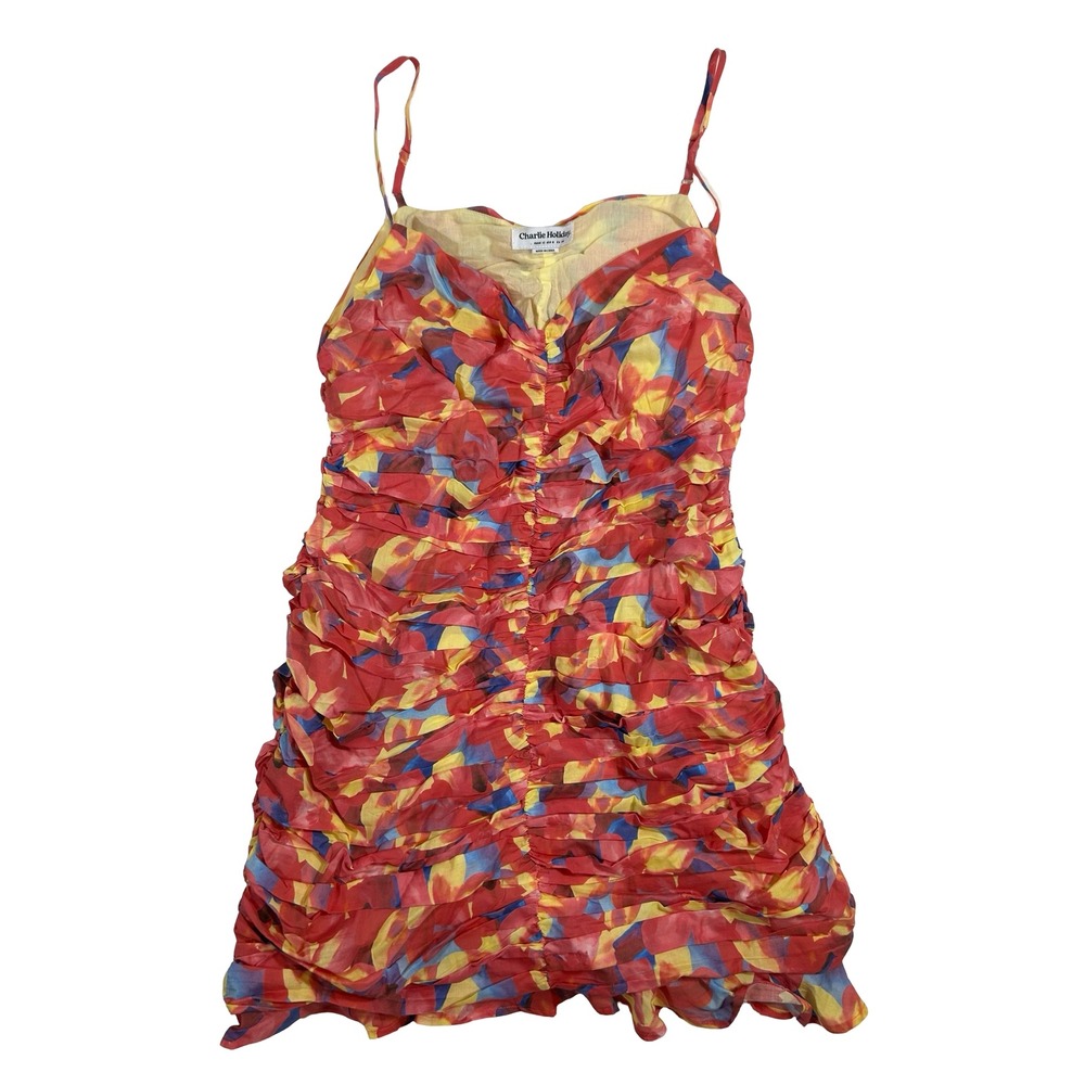Charlie Holiday Womens Red Floral Ruched Cotton Mini Dress Size 8 Adjustable
